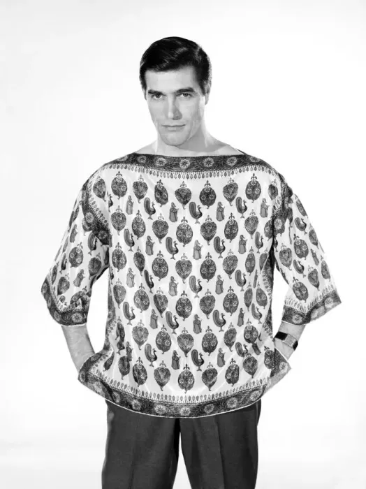 Framed Print : Male model Peter Christian wearing silk shirt. Circa 1964 Framed Print : Male model Peter Christian wearing silk shirt. Circa 1964