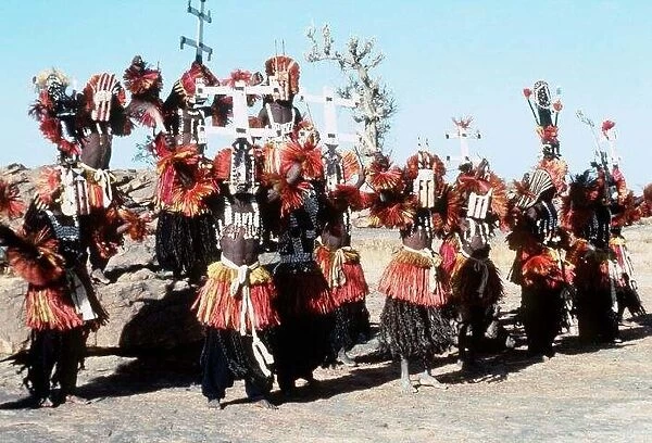 Mali Dogon Tribe Dancers outside Sanga Village await entrance to dance