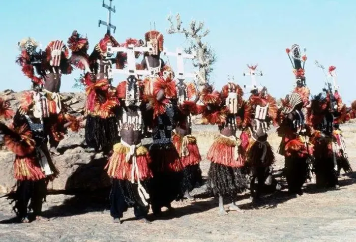 : Mali Dogon Tribe Dancers outside Sanga Village await entrance to dance : Mali Dogon Tribe Dancers outside Sanga Village await entrance to dance