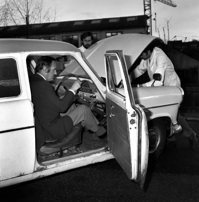 Framed Print : Man / Car / Unusual / Humour. Car at I. P. C. Hemel Hempstead car examiner Framed Print : Man / Car / Unusual / Humour. Car at I. P. C. Hemel Hempstead car examiner