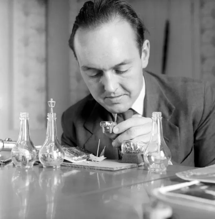 Framed Print : Man creating a ship in a bottle model: 1965 A1211-003 Framed Print : Man creating a ship in a bottle model: 1965 A1211-003