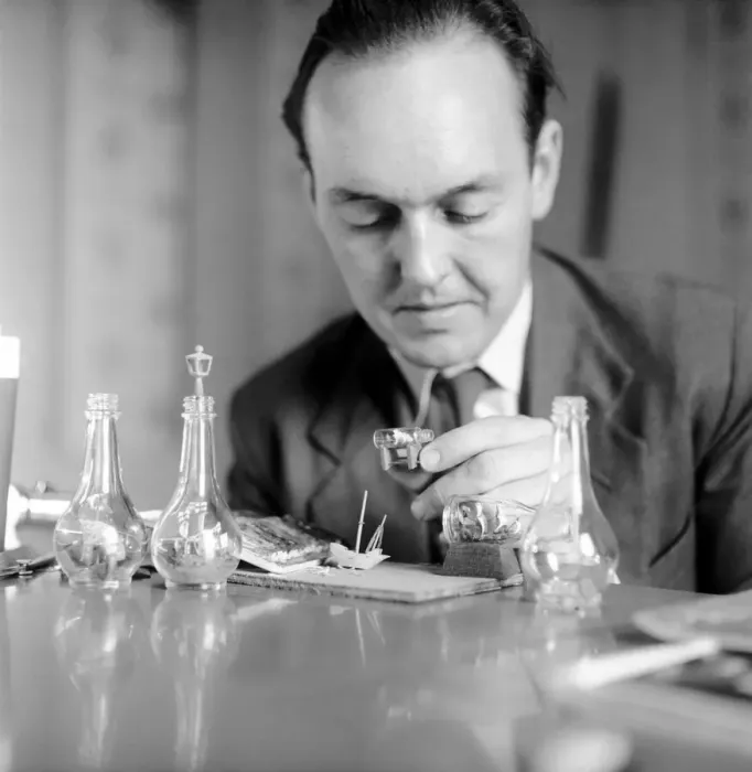 Framed Print : Man creating a ship in a bottle model: 1965 A1211 Framed Print : Man creating a ship in a bottle model: 1965 A1211