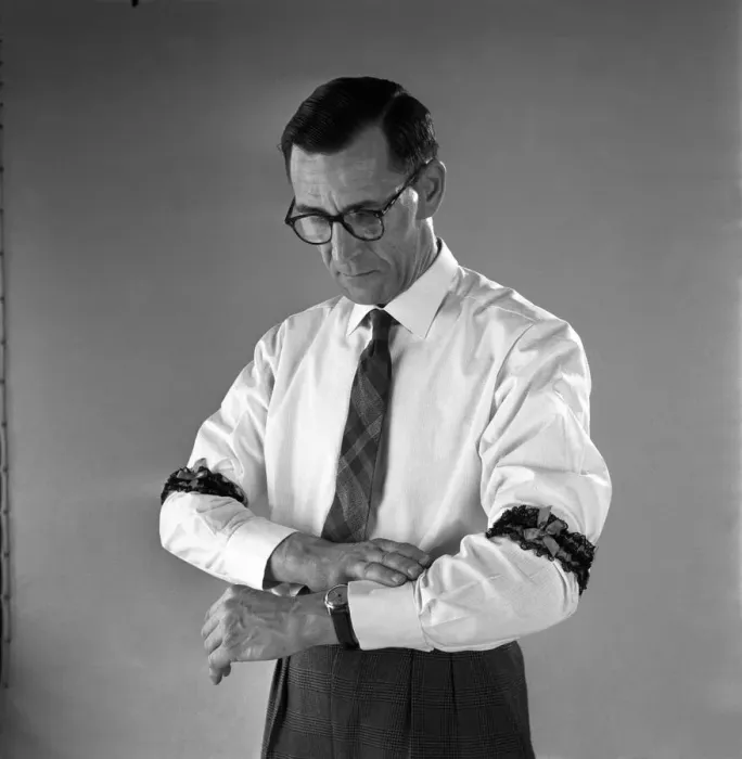 Framed Print : Man with garters for armbands circa 1959