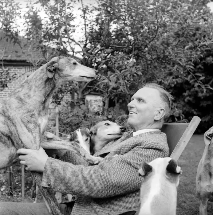 Framed Print : Man and Greyhounds: Frank Sanderson seen here at his St Framed Print : Man and Greyhounds: Frank Sanderson seen here at his St