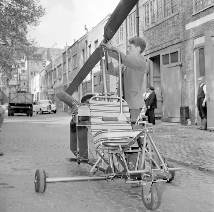 Framed Print : A man prepares his home made autogyro (Gyro copter) for flight Circa 1962