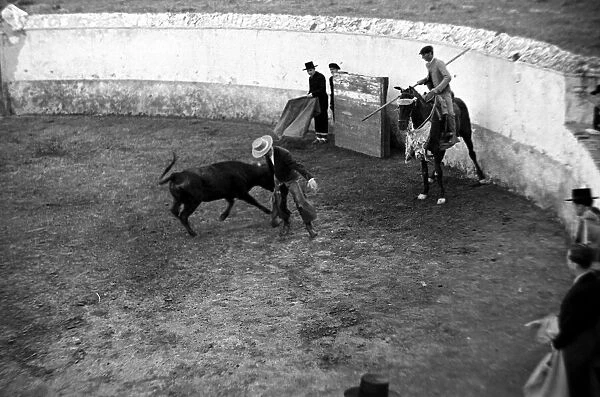 A man riding horse during a bullfight in Seville, Andalusia Circa 1935