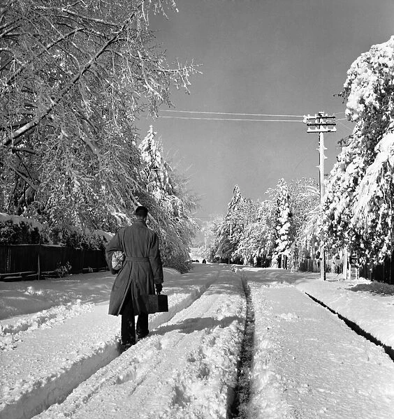 Man walks along a road covered in deep snow in Tadworth. April 1950 O23770-006