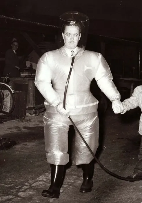 Framed Print : A man wearing an air filled Atom Suit to be used at Britain Framed Print : A man wearing an air filled Atom Suit to be used at Britain