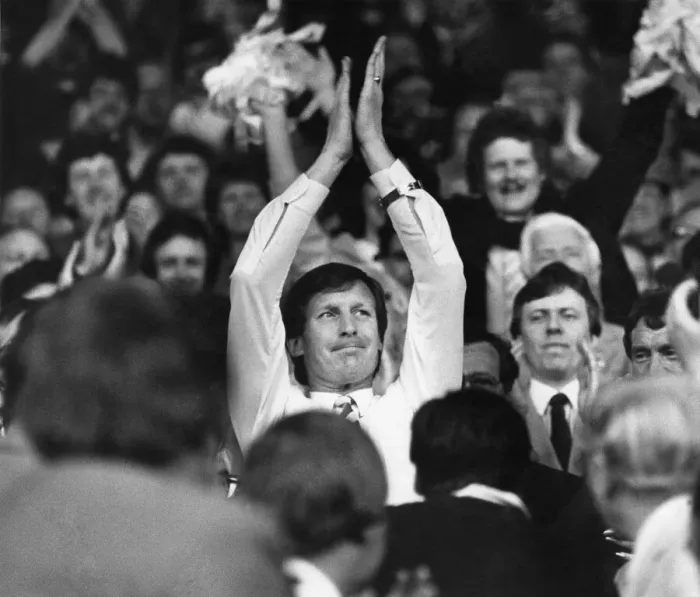 Framed Print : Manager Billy McNeill salutes the faithfull City fans. Circa 1984