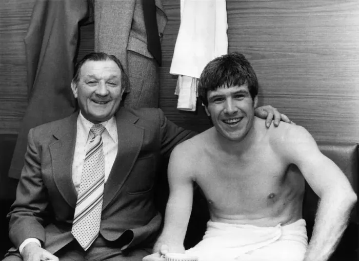 Framed Print : Manager Bob Paisley and Captain Emlyn Hughes celebrate after securing Liverpool Framed Print : Manager Bob Paisley and Captain Emlyn Hughes celebrate after securing Liverpool