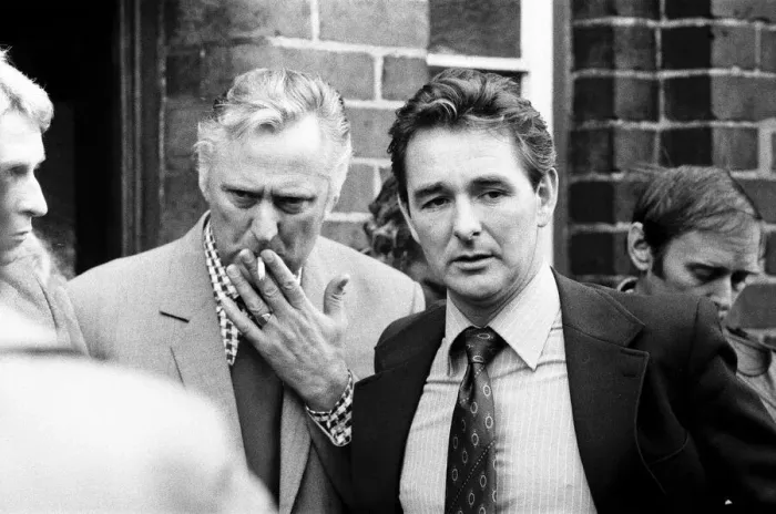 Framed Print : Manager Brian Clough and assistant Peter Taylor leaving Derby County after a meeting with