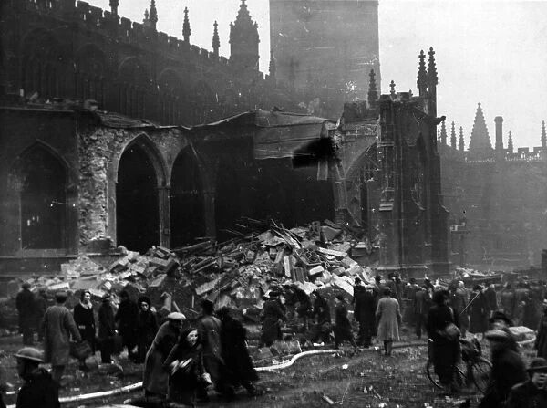 Manchester Assize Courts and Cathedral following a Nazi raid. December 1940