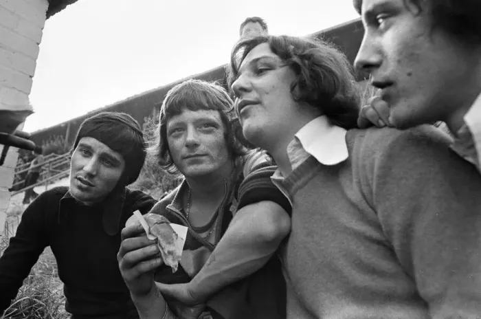 Framed Print : Manchester City football supporters gathered outside the ground before a match Framed Print : Manchester City football supporters gathered outside the ground before a match