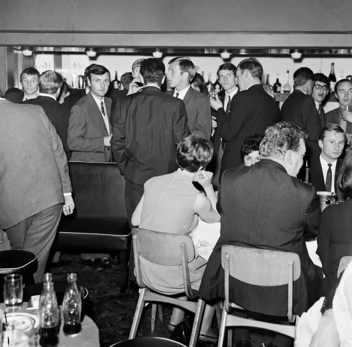 Framed Print : Manchester City football team celebrate in a Manchester club after winning the 1968 Framed Print : Manchester City football team celebrate in a Manchester club after winning the 1968