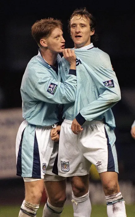 Framed Print : Manchester City footballers Steve Lomas and Nicky Summerbee celebrate a goal during their Framed Print : Manchester City footballers Steve Lomas and Nicky Summerbee celebrate a goal during their