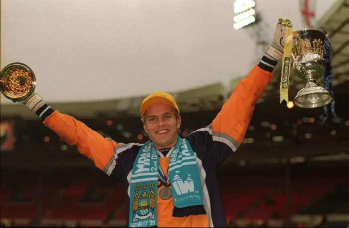 Framed Print : Manchester City keeper Nick Weaver celebrates May 1999 with trophy folowing Framed Print : Manchester City keeper Nick Weaver celebrates May 1999 with trophy folowing
