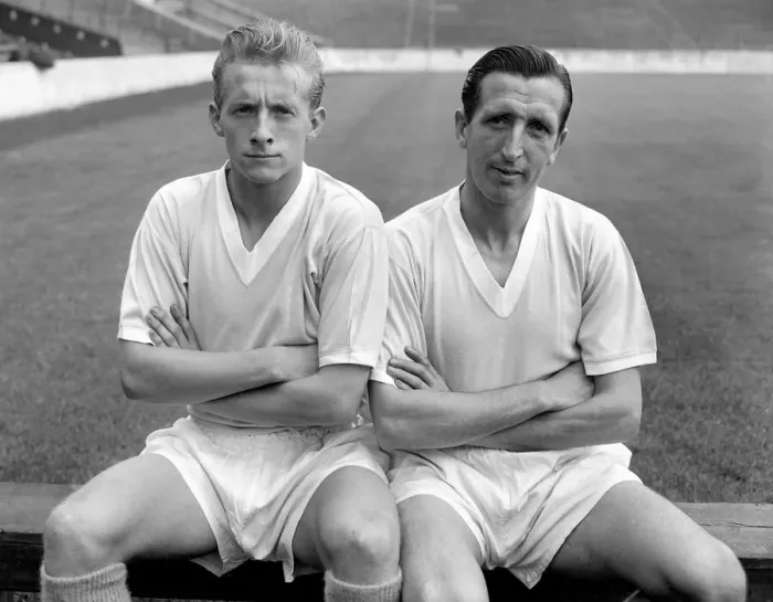 Framed Print : Manchester City players Denis Law and Ken Barnes 5th August 1960 Framed Print : Manchester City players Denis Law and Ken Barnes 5th August 1960