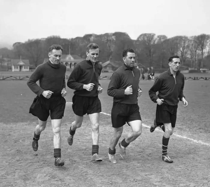 Framed Print : Manchester City players training; Right to left Ken Barnes, Paul Roy Framed Print : Manchester City players training; Right to left Ken Barnes, Paul Roy