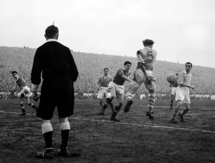 Framed Print : Manchester City versus Manchester United-Tommy Taylor tries a header through Manchester