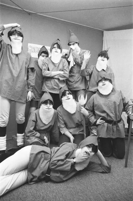 Framed Print : Manchester school children dressed as gnomes for school pantomime. December 1982 Framed Print : Manchester school children dressed as gnomes for school pantomime. December 1982