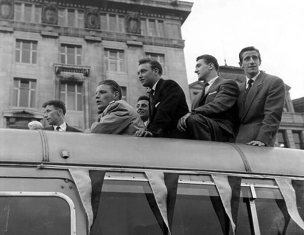 Manchester United. Cup Final Runners Up 1957. The Team Coach travelling along Piccadilly