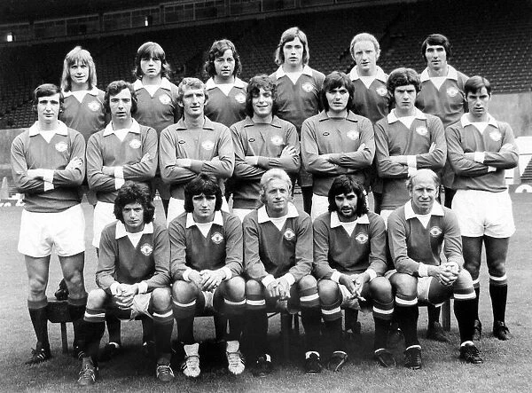 Manchester United football team pose for a group photo at Old Trafford Circa 1972