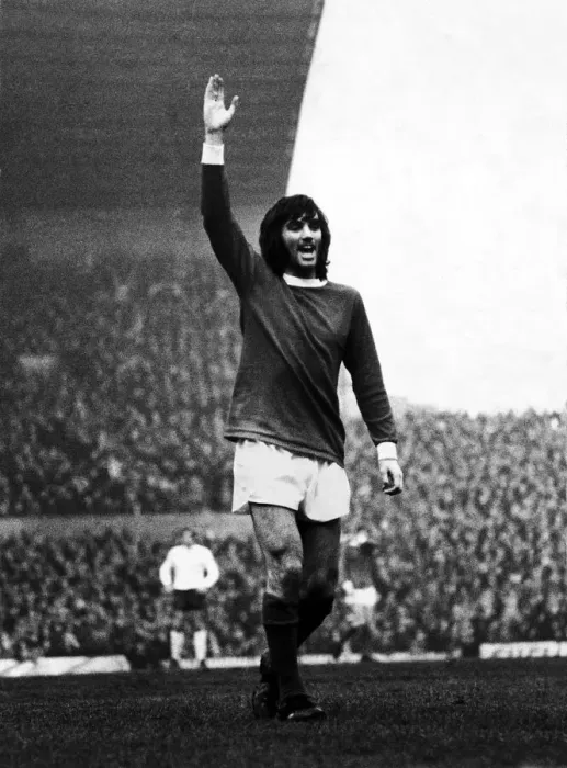 Framed Print : Manchester United footballer George Best celebrates after scoring a lobbed goal against Framed Print : Manchester United footballer George Best celebrates after scoring a lobbed goal against