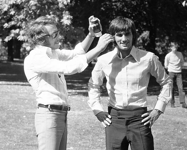 Manchester United footballer George Best has hair spray appiled by his personal