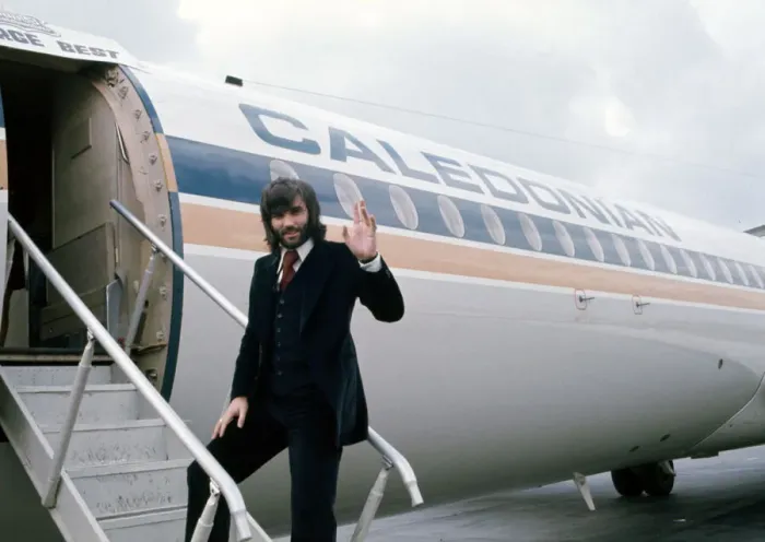 Framed Print : Manchester United footballer George Best waves before boarding his plane October Framed Print : Manchester United footballer George Best waves before boarding his plane October