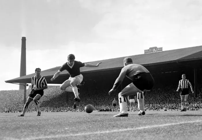 Framed Print : Manchester United forward Dennis Viollet shoots at goal past the Newcastle United Framed Print : Manchester United forward Dennis Viollet shoots at goal past the Newcastle United