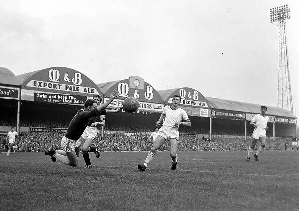 Manchester United goalkeeper Harry Gregg dives out for the ball watched by defender Bill