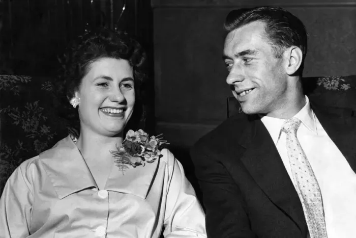 Framed Print : Manchester United goalkeeper Ray Wood with his wife at a London hotel. May 1957 P009693 Framed Print : Manchester United goalkeeper Ray Wood with his wife at a London hotel. May 1957 P009693