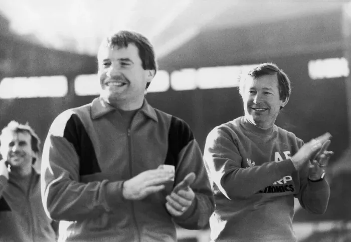 Framed Print : Manchester United manager Alex Ferguson with assistant Archie Knox. January 1988 Framed Print : Manchester United manager Alex Ferguson with assistant Archie Knox. January 1988