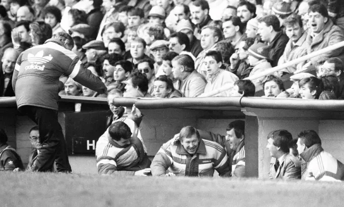Framed Print : Manchester United manager Alex Ferguson celebrates a goal in the dugout with Archie Knox Framed Print : Manchester United manager Alex Ferguson celebrates a goal in the dugout with Archie Knox