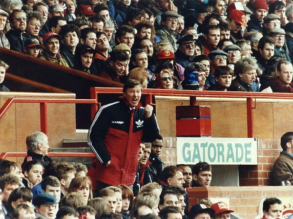 Manchester United manager Alex Ferguson shouts instructions to his team from the dugout