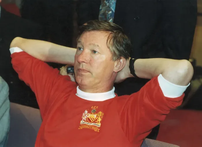 Framed Print : Manchester United manager Alex Ferguson wearing a 1968 European Cup Final shirt for a Framed Print : Manchester United manager Alex Ferguson wearing a 1968 European Cup Final shirt for a