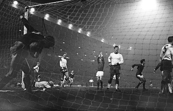 Manchester United players celebrate against Gornik, among them skipper Bobby Charlton