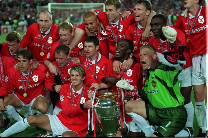 Framed Print : Manchester United players May 1999 including goalkepeer Peter Schmeichel (3rd R Framed Print : Manchester United players May 1999 including goalkepeer Peter Schmeichel (3rd R