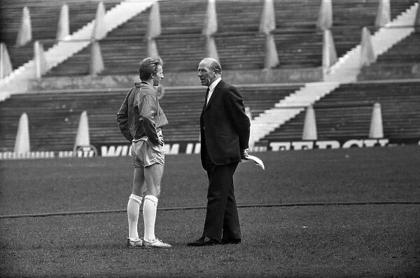 Manchester United training at Old Trafford. Denis Law and Matt Busby. 23rd April 1968