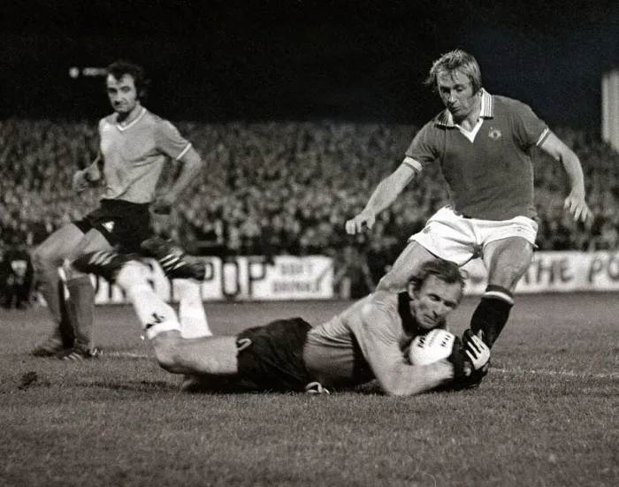 Framed Print : Manchester United v St Etienne - October 1977 goalkeeper saves as the striker