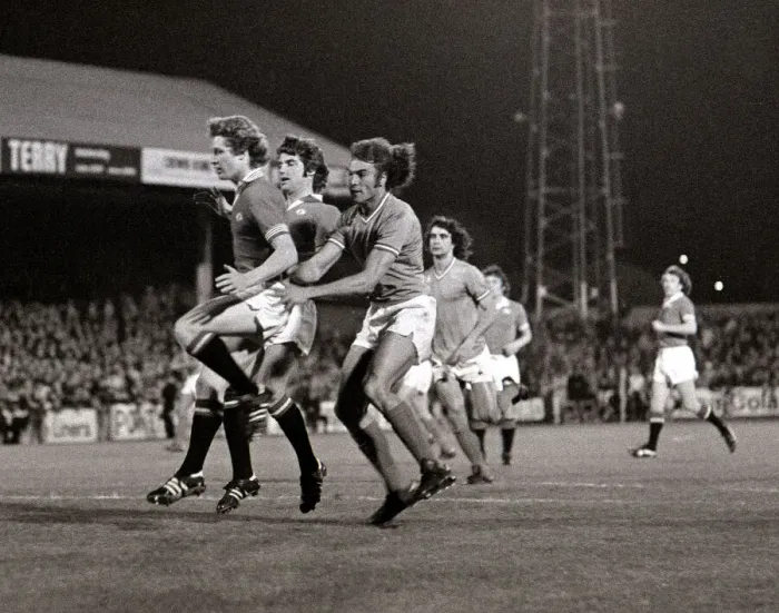 Framed Print : Manchester United v St Etienne - October 1977 players in action during the match Framed Print : Manchester United v St Etienne - October 1977 players in action during the match