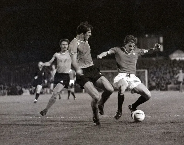 Framed Print : Manchester United v St Etienne - October 1977 players in action during the match