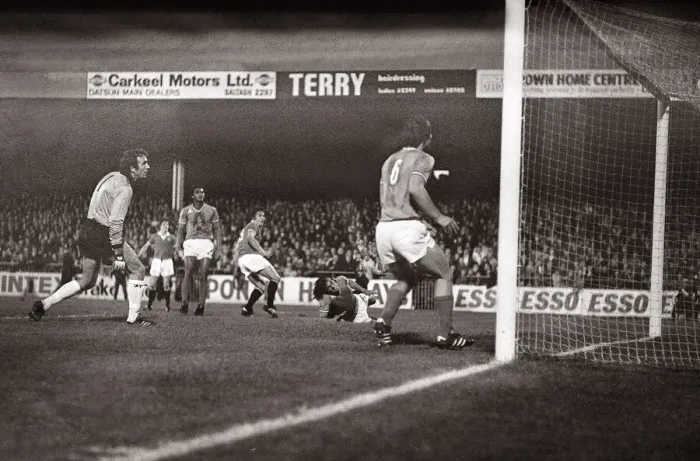 Framed Print : Manchester United v St Etienne - October 1977 players in action during the match Framed Print : Manchester United v St Etienne - October 1977 players in action during the match
