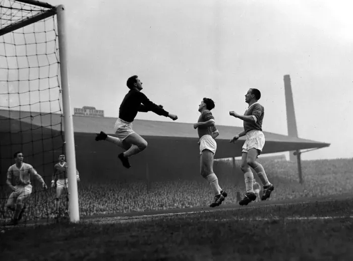 Framed Print : Manchester United versus Manchester City-United goalkeeper Harry Gregg clears Framed Print : Manchester United versus Manchester City-United goalkeeper Harry Gregg clears