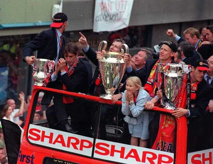 Framed Print : Manchester United on their way down Deansgate May 1999 near Old Trafford for their Framed Print : Manchester United on their way down Deansgate May 1999 near Old Trafford for their