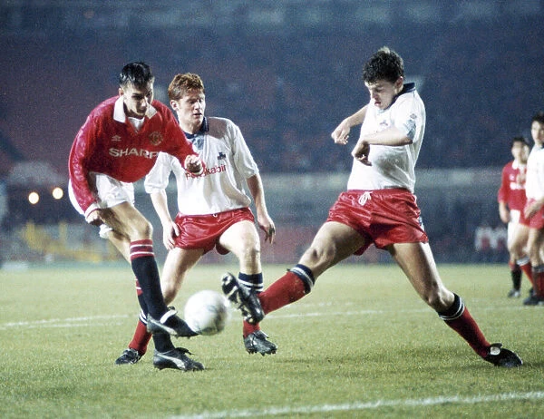 Manchester United Youth v York Youth. Yorks Paul Mockler tries to stop a shot