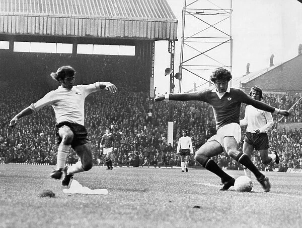 Manchester Uniteds Brian Kidd shoots for goal. October 1973 P011188