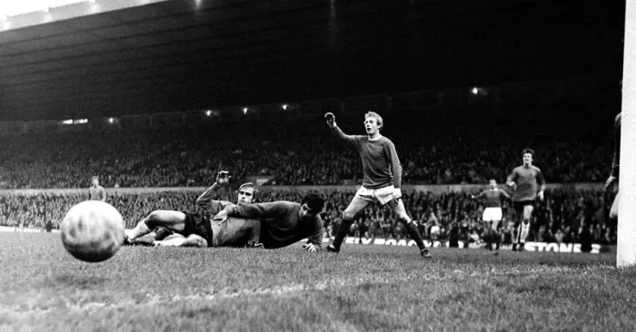 Framed Print : Manchester Uniteds Denis Law appeals for a corner kick as Ipswich goalkeeper hancock Framed Print : Manchester Uniteds Denis Law appeals for a corner kick as Ipswich goalkeeper hancock