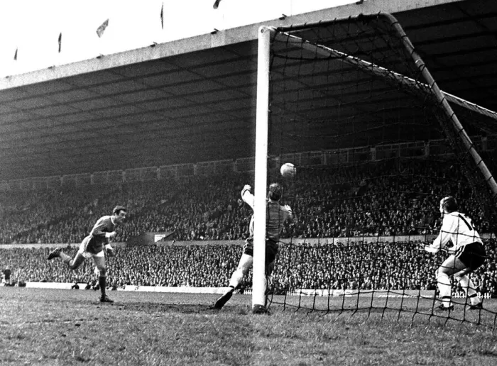 Framed Print : Manchester Uniteds John Aston heads past Fulham goalkeeper Ian Seymour to score his Framed Print : Manchester Uniteds John Aston heads past Fulham goalkeeper Ian Seymour to score his