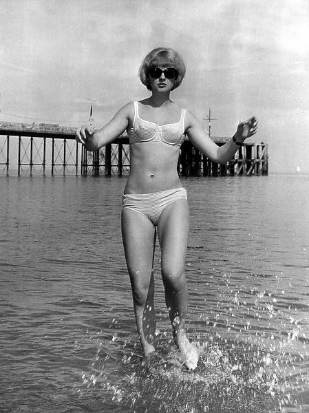 Mandy Rice-Davies, who is in South Wales in the Cabaret, pictured in the sea at Penarth